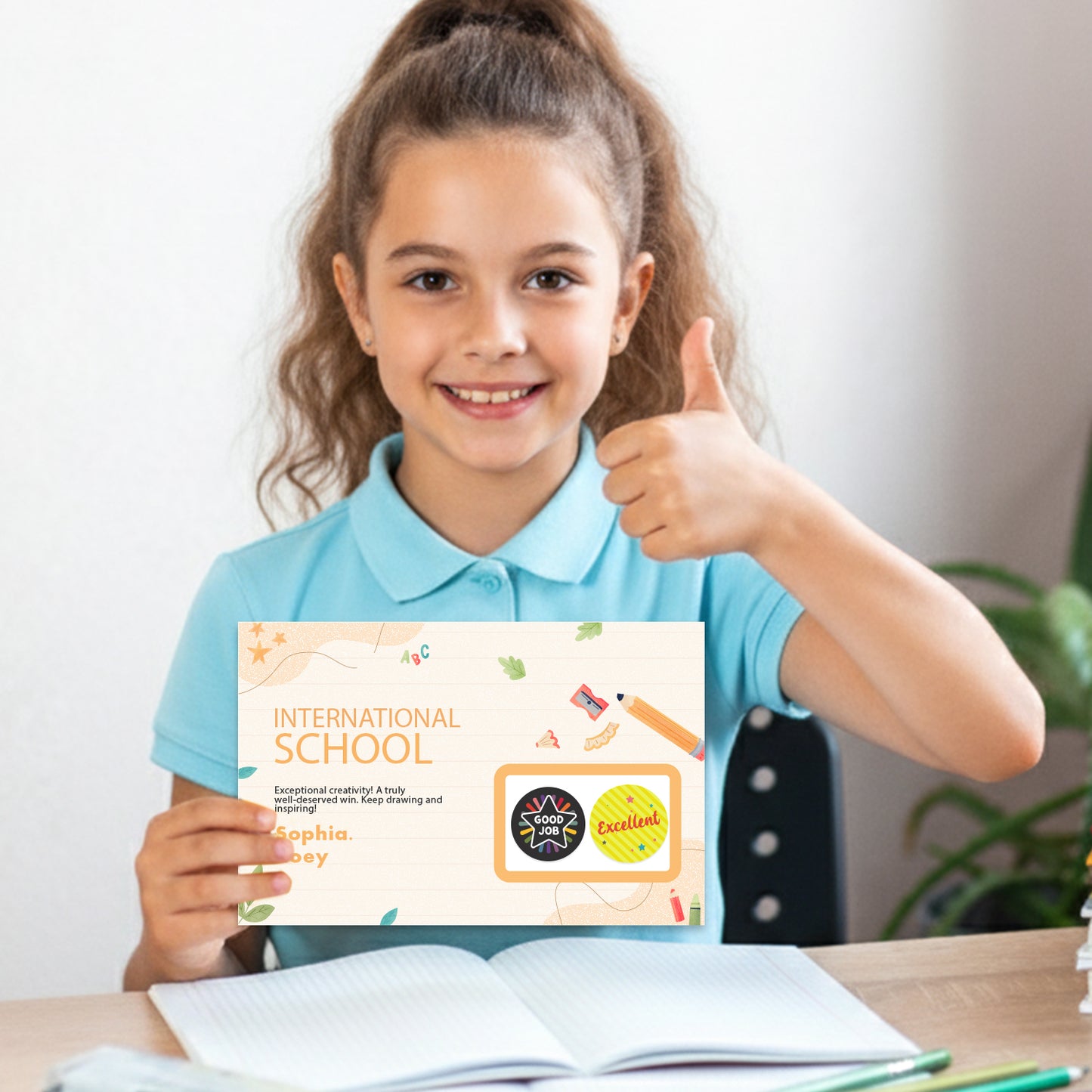 Young girl holding an 'International School' certificate and giving a thumbs up, sitting at a desk holding a notebook with Encouraging Sticker Star Celebration Design