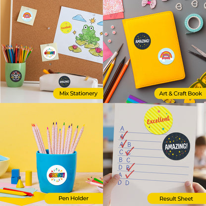Collage of stationery items including a pen holder, art & craft book, and result sheet with Encouraging Sticker – Star Celebration Design