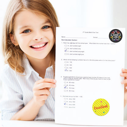 Child holding a math test with 'Excellent' and 'Good Job' Encouraging Sticker – Star Celebration Design