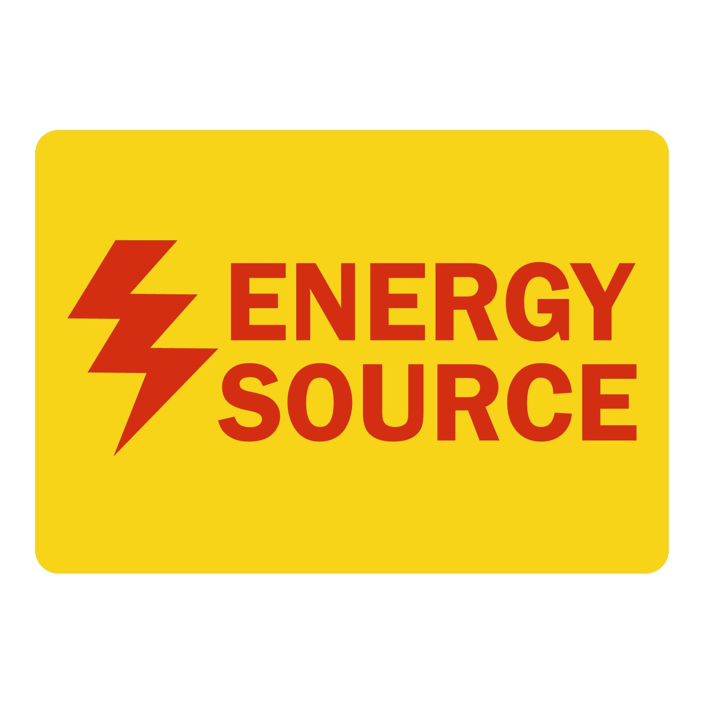 Energy Source label with bold red text and red lightning bolt icon on bright yellow background. Industrial electrical energy source identification safety label.