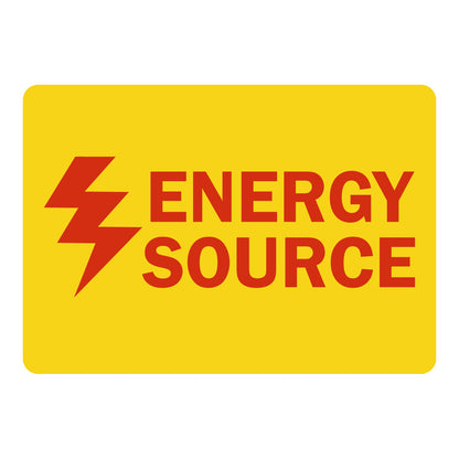 Energy Source label with bold red text and red lightning bolt icon on bright yellow background. Industrial electrical energy source identification safety label.