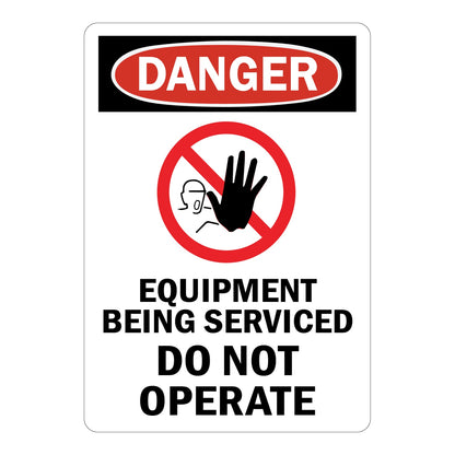 OSHA Danger: Equipment Being Serviced Do Not Operate vertical Sign Stickers – Red oval DANGER header on black band, red no-entry stop hand icon. For machinery lockout & industrial servicing restricted zones.
