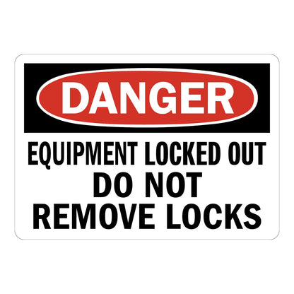 OSHA Danger Equipment Locked Out Do Not Remove Locks sticker, red oval Danger header, bold black text on white background, LOTO lockout tagout workplace safety compliance sign
