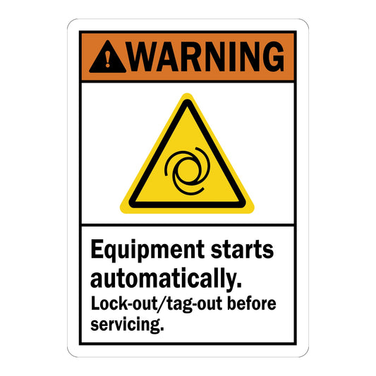 Bilingual ANSI Warning: Equipment Starts Automatically, Lock-out