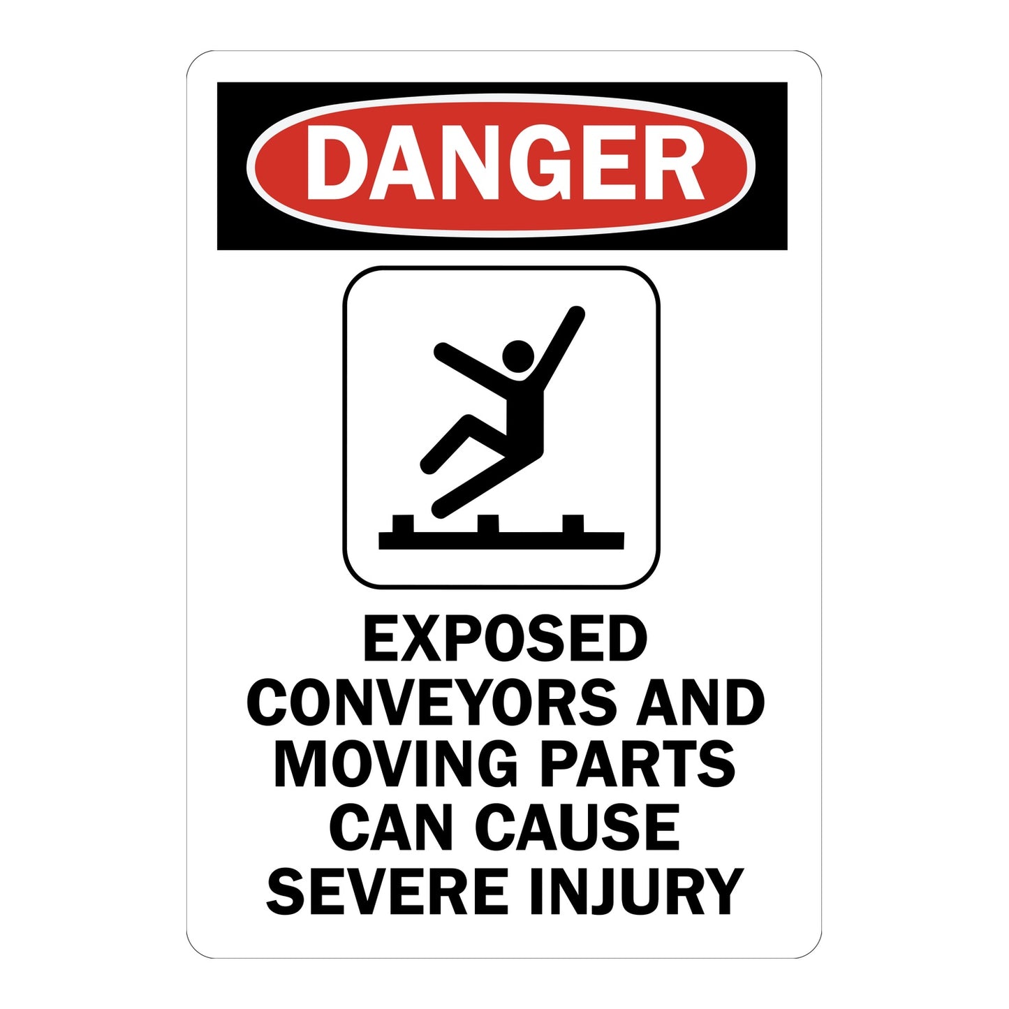 OSHA Danger: Exposed Conveyors and Moving Parts sign stickers featuring bold red-black DANGER header with fall icon, clearly warns of severe injury risk