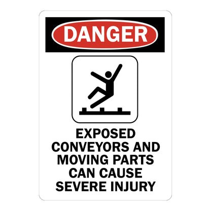 OSHA Danger: Exposed Conveyors and Moving Parts sign stickers featuring bold red-black DANGER header with fall icon, clearly warns of severe injury risk