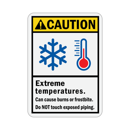 ANSI Caution: Extreme Temperatures, Can Cause Burns or Frostbite sign sticker with a yellow header and blue snowflake and thermometer icons shown above text.