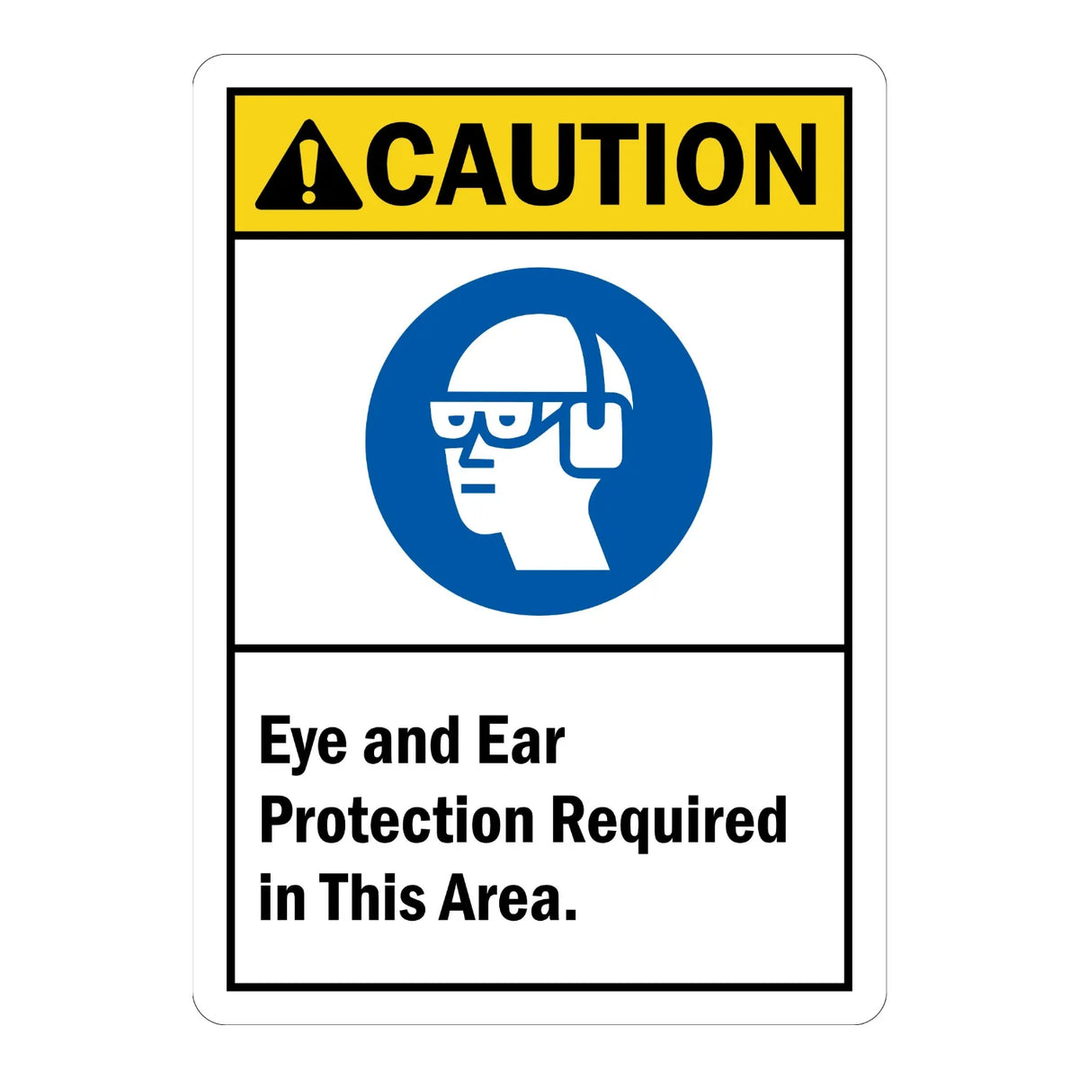 ANSI Caution: Eye and Ear Protection Required in This Area sign sticker featuring a yellow CAUTION header, a blue eye/ear protection icon, and black text.