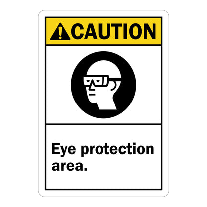 Caution Eye Protection Area ANSI sign with yellow header and black safety glasses icon for warehouses laboratories workshops and industrial work areas