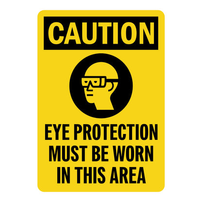 Caution Eye Protection Must Be Worn in This Area OSHA sign in yellow and black featuring a safety glasses icon for warehouses labs and industrial zones