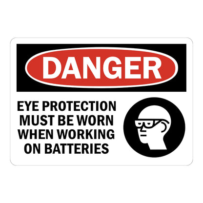 Danger Eye Protection Must Be Worn When Working on Batteries OSHA sign in red black and white with safety glasses icon for battery rooms and warehouses