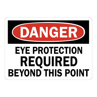 OSHA Danger Eye Protection Required Beyond This Point Sign Sticker with black header, red oval banner, and bold black text for eye protection requirement checkpoint areas.