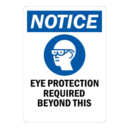 OSHA Notice Eye Protection Required Beyond This Point Sign Sticker with blue header, italicized white text, and blue safety glasses head icon for eye protection checkpoints.