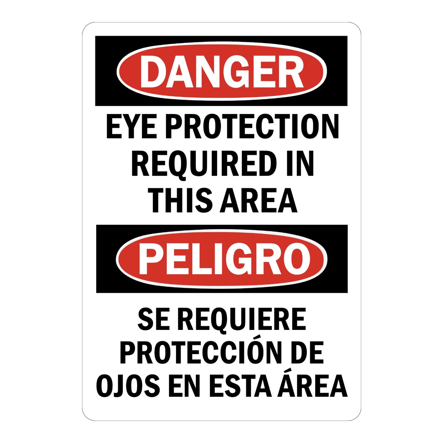Bilingual Danger Eye Protection Required in This Area OSHA sign in red black and white with English and Spanish text for warehouses and industrial zones