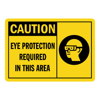 ANSI Caution Eye Protection Required In This Area Sign Sticker with yellow background, black header, and safety glasses head icon for eye protection requirement areas.