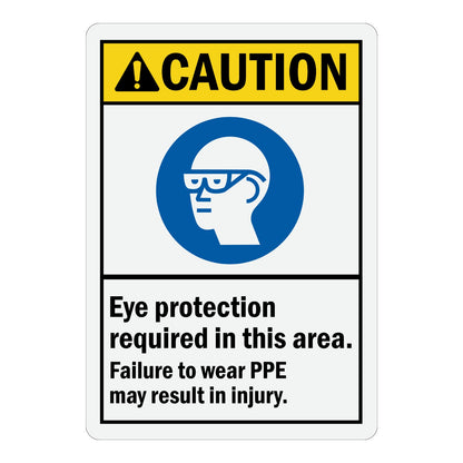 ANSI Caution Eye Protection Required In This Area Sign Sticker with yellow header, black warning triangle icon, and blue safety glasses head icon for PPE compliance areas.