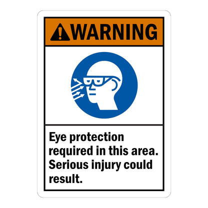 Warning Eye Protection Required in This Area Serious Injury Could Result ANSI sign with orange header and blue safety glasses icon for hazard work zones