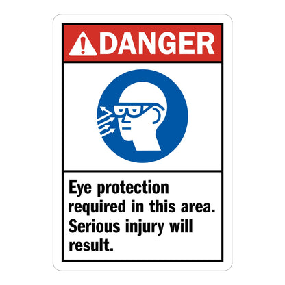 Danger Eye Protection Required in This Area Serious Injury Will Result ANSI sign with red header and blue safety glasses icon for hazard zones