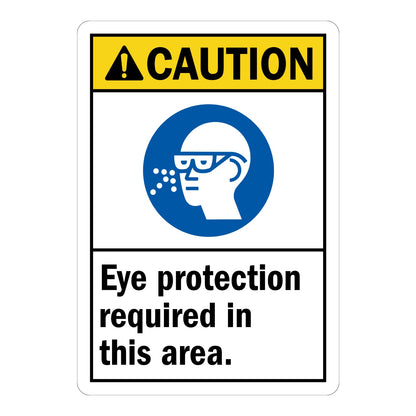 Caution Eye Protection Required in This Area ANSI sign with yellow header and blue safety glasses icon for warehouses labs and industrial work zones