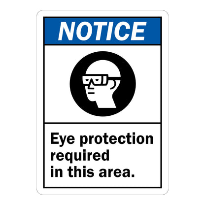 Notice Eye Protection Required in This Area ANSI sign in blue black and white featuring a safety glasses icon for warehouses labs and industrial zones