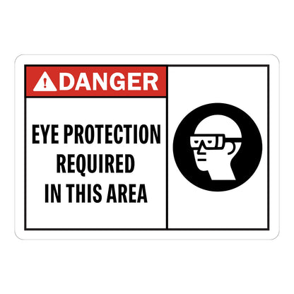 ANSI Danger Eye Protection Required In This Area Sign Sticker with red header, black warning triangle icon, and safety glasses head icon for eye protection requirement areas.