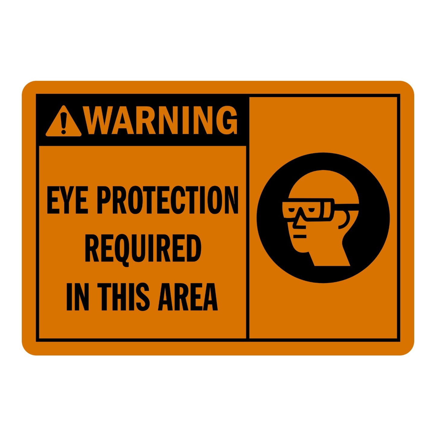 ANSI Warning Eye Protection Required In This Area Sign Sticker with orange background, black warning triangle icon, and safety glasses head icon for eye protection areas.