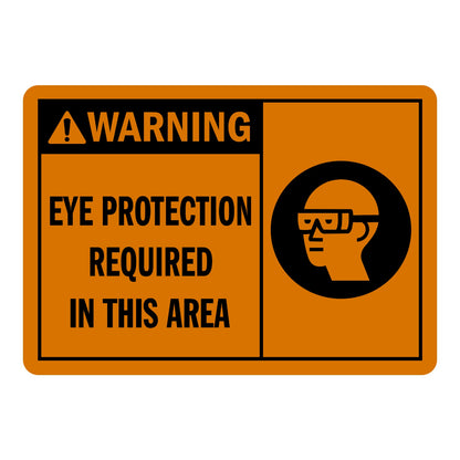 ANSI Warning Eye Protection Required In This Area Sign Sticker with orange background, black warning triangle icon, and safety glasses head icon for eye protection areas.