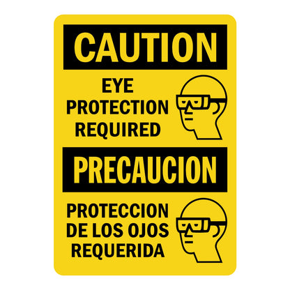Bilingual OSHA Caution Eye Protection Required Sign Sticker with yellow background, black header bars, and safety glasses head icons for eye protection requirement areas.