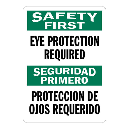 Bilingual OSHA Safety First Eye Protection Required Sign Sticker with green header bars, white text, and English/Spanish text on white background for eye protection areas.