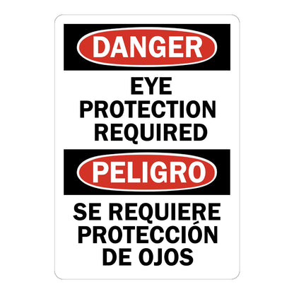 Bilingual Danger Eye Protection Required OSHA sign in red black and white with English and Spanish text for warehouses factories and industrial zones