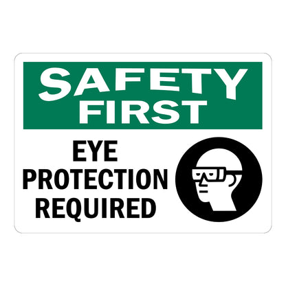 OSHA Safety First Eye Protection Required Sign Sticker with green header, bold white text, and safety glasses head icon for eye protection requirement areas.