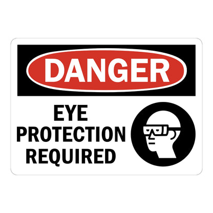 OSHA Danger Eye Protection Required Sign Sticker with black header, red oval banner, and safety glasses head icon on white background for eye protection requirement areas.
