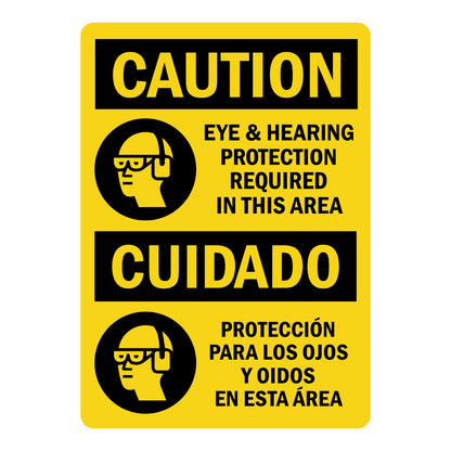 Bilingual OSHA Caution Eye & Hearing Protection Required In This Area Sign Sticker with yellow background, black header bars, and safety glasses/headphones icons.