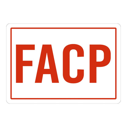 Fire Alarm Control Panel Sign: FACP sign stickers: white background with a thin red border, featuring large bold red FACP letters centered, no icons shown.