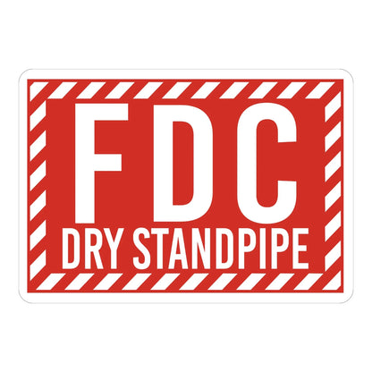 Warning: FDC Dry Standpipe sign sticker with bold white text on red and a red and white striped border, ideal for fire department connection identification.