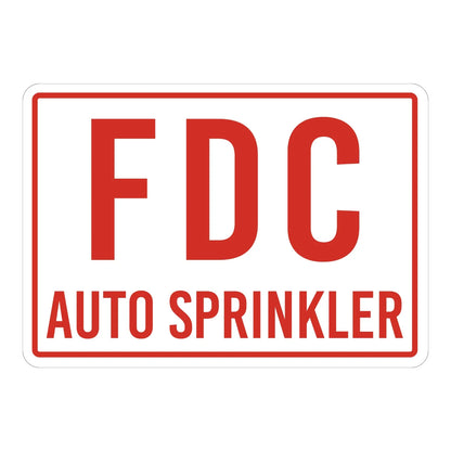 FDC Auto Sprinkler Sign Stickers with bold red text and red border on white background for fire department connection identification.
