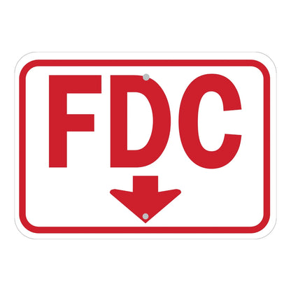 Warning: FDC sign sticker with bold red text on white, a downward arrow, and mounting holes, ideal for fire department connection identification on buildings.