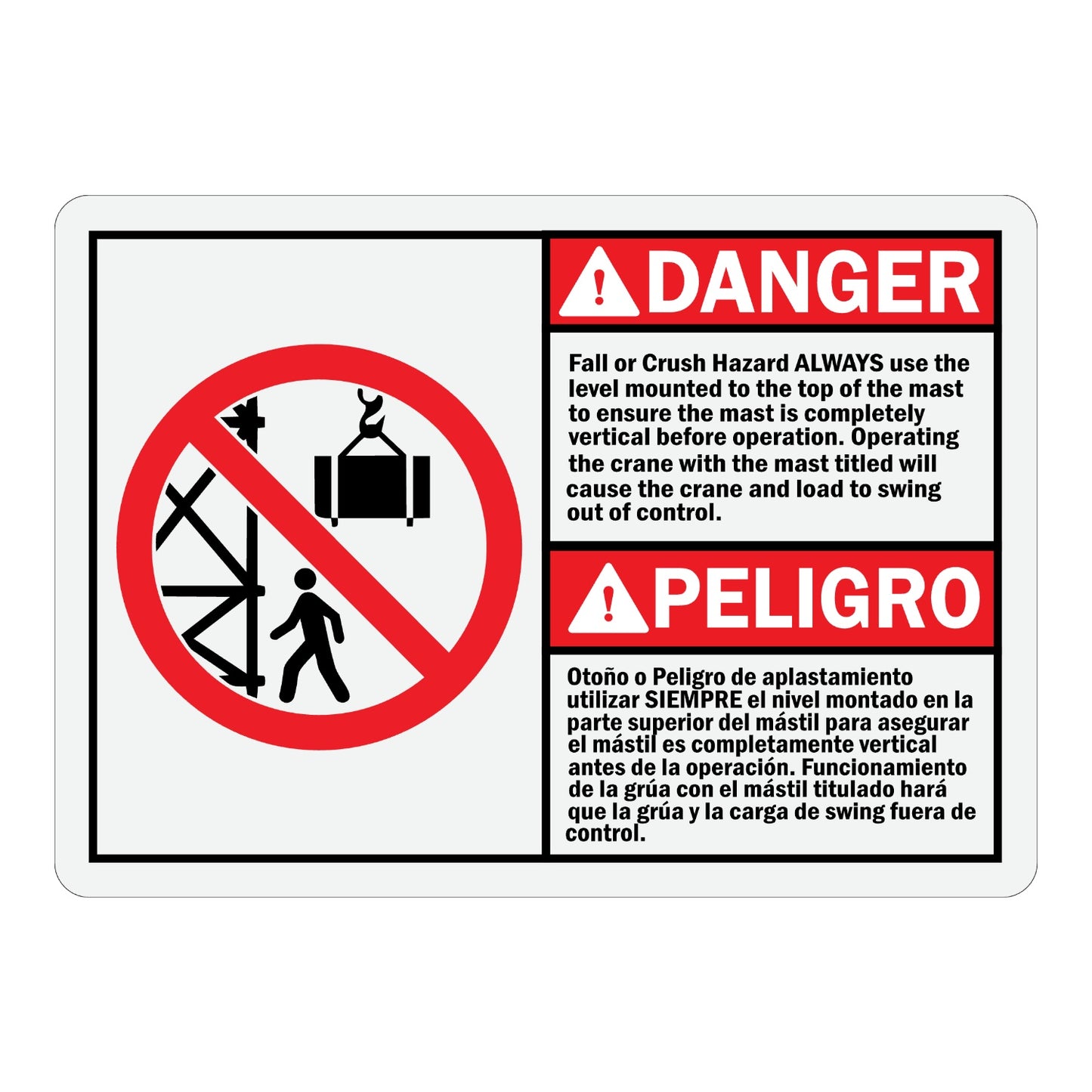 Bilingual ANSI Danger: Fall or Crush Hazard sign stickers featuring crane and prohibited icons in English/Spanish, warns to keep mast level before operating
