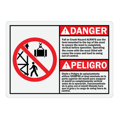 Bilingual ANSI Danger: Fall or Crush Hazard sign stickers featuring crane and prohibited icons in English/Spanish, warns to keep mast level before operating