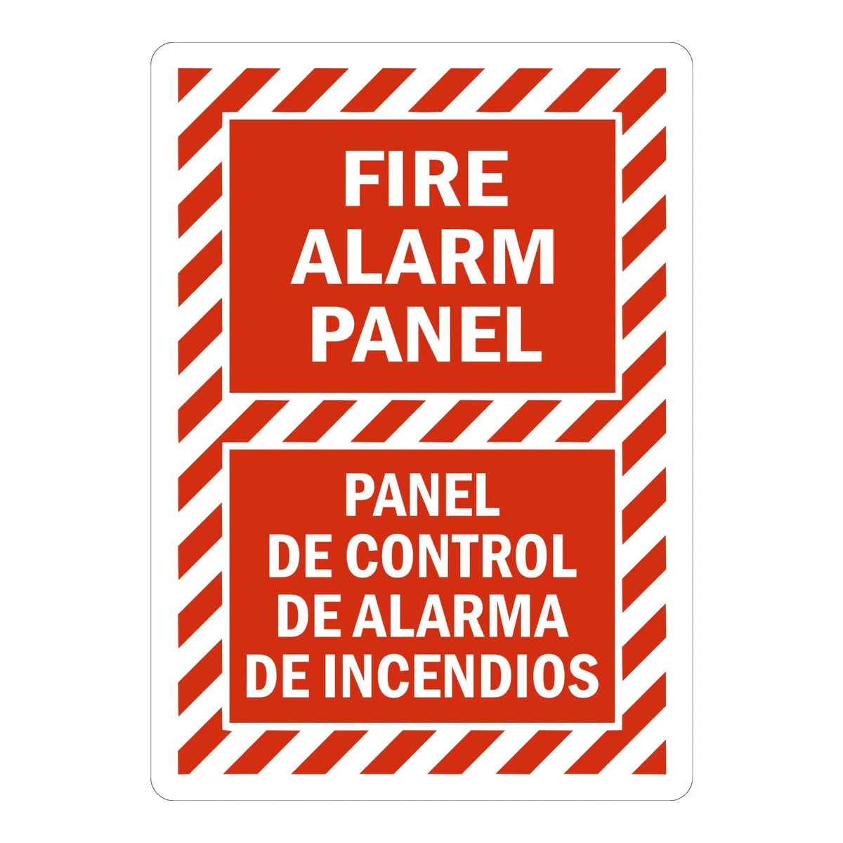 Bilingual FACP Sign: Fire Alarm Panel / Panel De Control De Alarma De Incendios sign stickers: red and white striped border with bold white bilingual text.