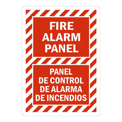 Bilingual FACP Sign: Fire Alarm Panel / Panel De Control De Alarma De Incendios sign stickers: red and white striped border with bold white bilingual text.