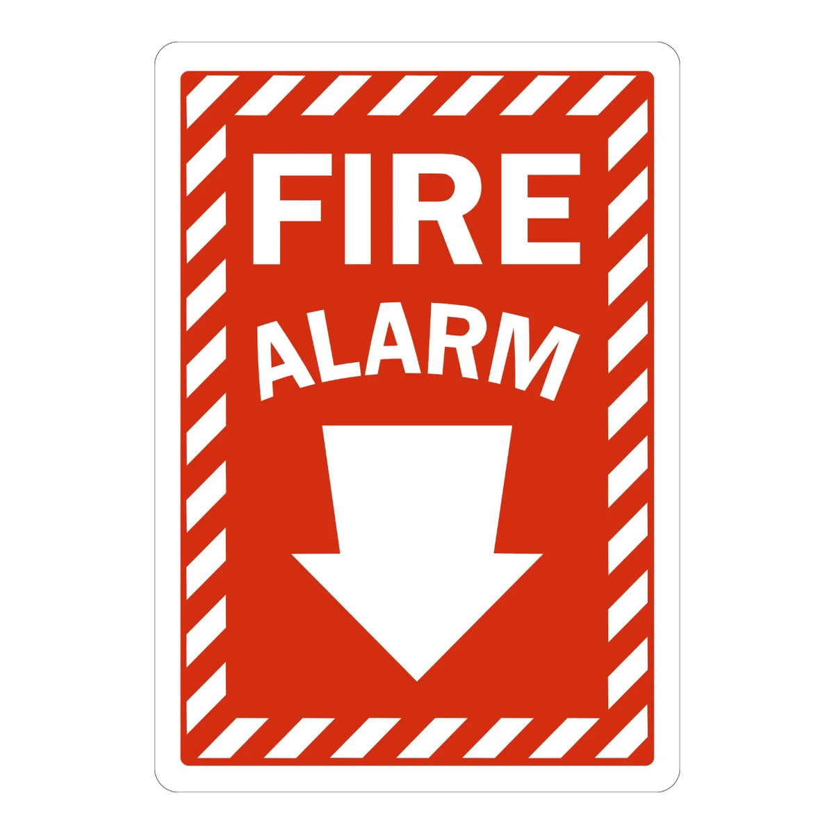 Warning: Fire Alarm sign sticker with bold white text on red, a downward arrow, and a red and white striped border, ideal for fire safety identification on buildings.