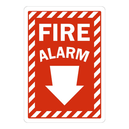 Warning: Fire Alarm sign sticker with bold white text on red, a downward arrow, and a red and white striped border, ideal for fire safety identification on buildings.