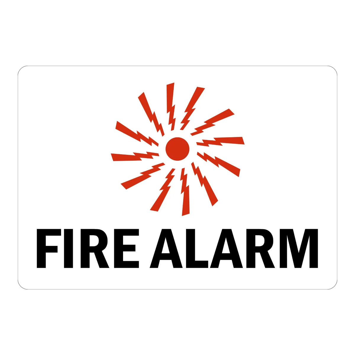 Warning: Fire Alarm sign sticker with a red starburst icon and bold black text on white, ideal for fire safety identification on commercial and industrial buildings.