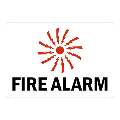 Warning: Fire Alarm sign sticker with a red starburst icon and bold black text on white, ideal for fire safety identification on commercial and industrial buildings.