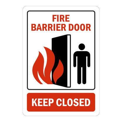 Fire Barrier Door: Keep Closed Sign Sticker – white sign with red text and a graphic of flames, a door, and a person icon instructing to keep the fire barrier door closed