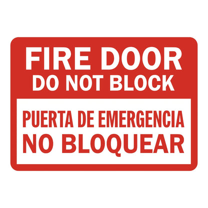 Bilingual Fire Door Do Not Block Sign Sticker – red and white bilingual sign in English and Spanish warning that the fire door must not be blocked