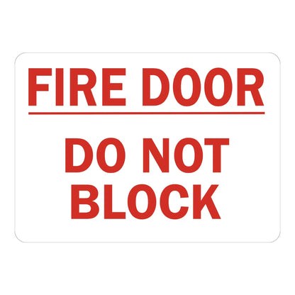 Warning: Fire Door Do Not Block Sign Sticker – white sign with bold red underlined text warning that the fire door must not be blocked