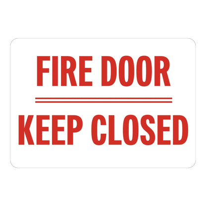 Fire Door: Keep Closed (Red Text on White) Sign Sticker – white sign with bold red text and a double underline stating that the fire door must be kept closed