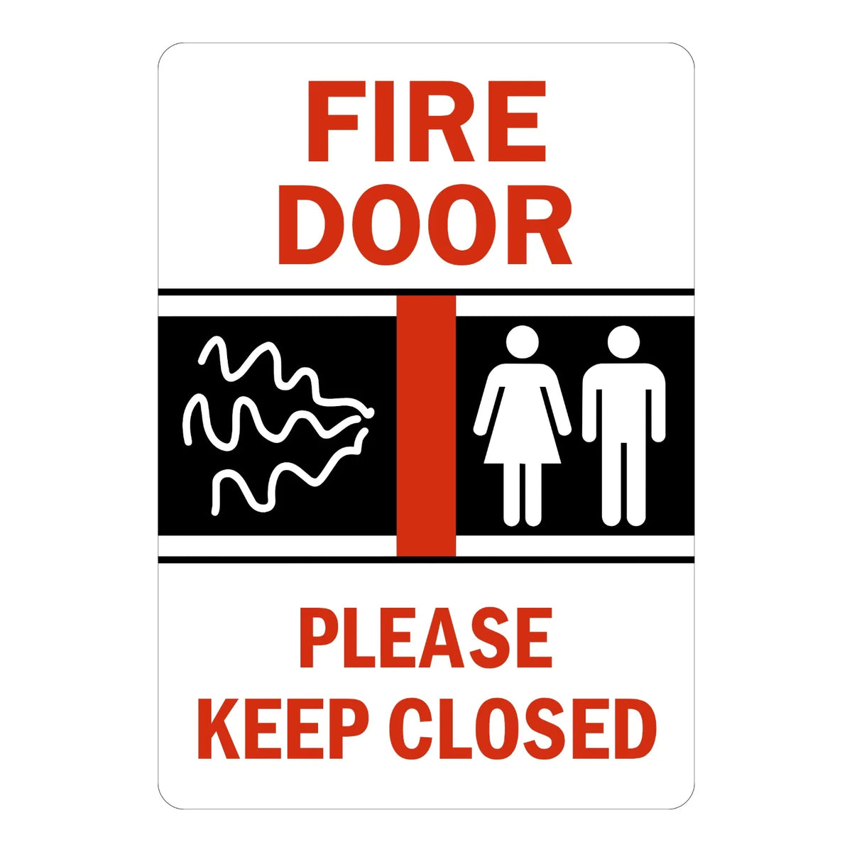 Fire Door Please Keep Closed (With Graphic) Sign Sticker – white sign with red text and a black graphic panel showing smoke waves and male/female figures instructing to keep the fire door closed